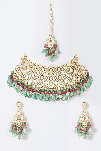 Gold Finish Red & Green Beaded Choker Necklace Set