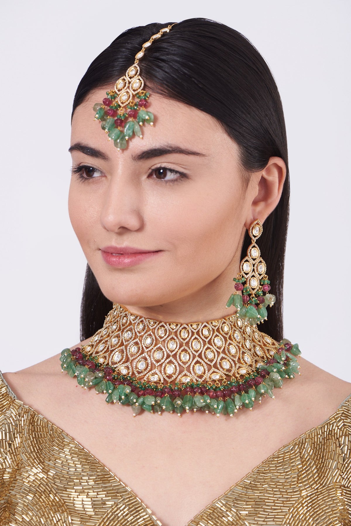 Gold Finish Red & Green Beaded Choker Necklace Set