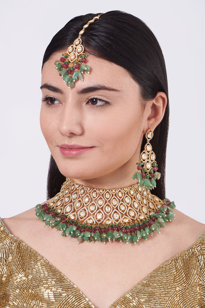 Gold Finish Red & Green Beaded Choker Necklace Set