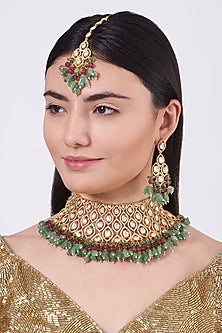 Gold Finish Red & Green Beaded Choker Necklace Set