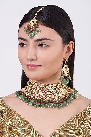 Gold Finish Red & Green Beaded Choker Necklace Set