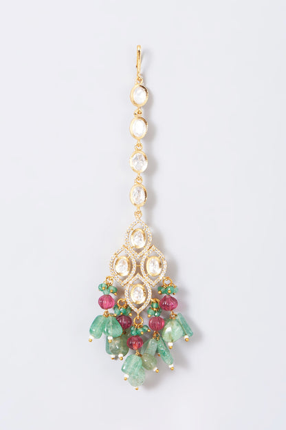 Gold Finish Red & Green Beaded Choker Necklace Set