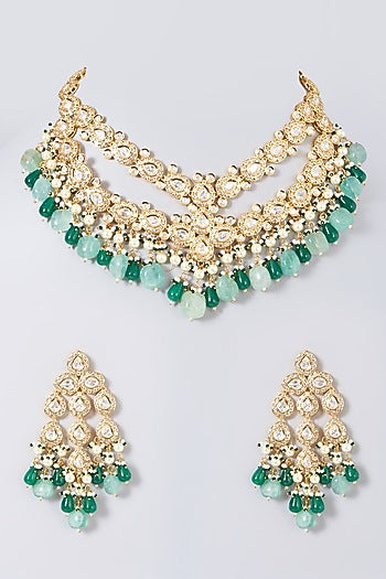 Gold Finish Green & Blue Beaded Choker Necklace Set