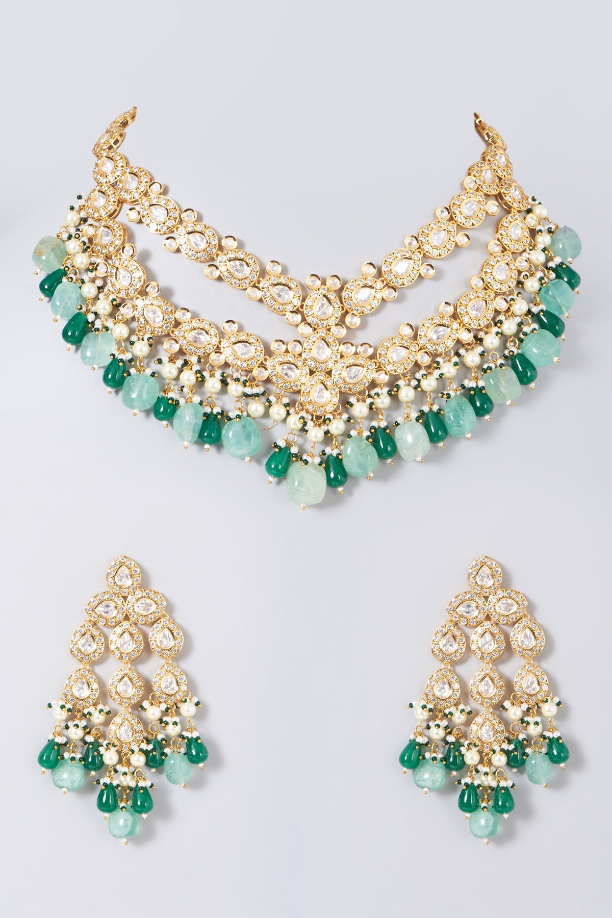 Gold Finish Green & Blue Beaded Choker Necklace Set