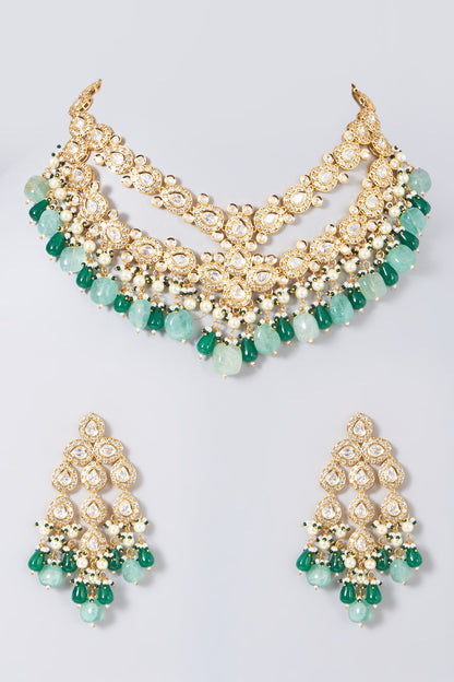 Gold Finish Green & Blue Beaded Choker Necklace Set