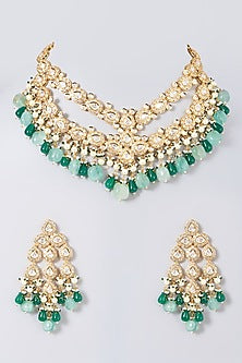 Gold Finish Green & Blue Beaded Choker Necklace Set