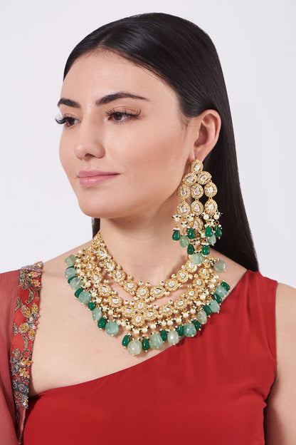 Gold Finish Green & Blue Beaded Choker Necklace Set
