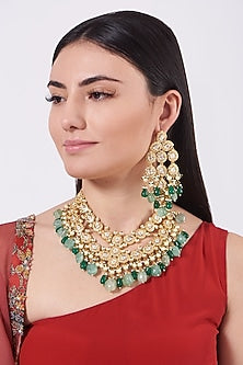 Gold Finish Green & Blue Beaded Choker Necklace Set