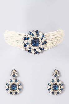 Two Tone Finish Kundan Polki & Midnight Blue Stone Choker Necklace Set