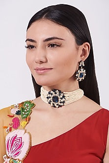 Two Tone Finish Kundan Polki & Midnight Blue Stone Choker Necklace Set