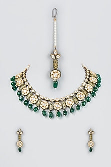 Gold Finish Kundan Polki & Green Beaded Choker Necklace Set