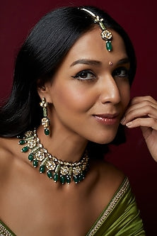 Gold Finish Kundan Polki & Green Beaded Choker Necklace Set