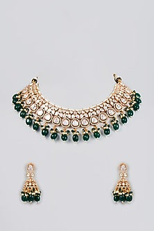 Gold Finish Kundan Polki & Green Beaded Choker Necklace Set