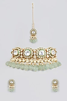 Gold Finish Pearl & Kundan Polki Choker Necklace Set
