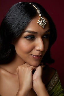 Gold Finish Kundan Polki & Green Stone Maang Tikka