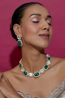 Two-Tone Finish Synthetic Emerald Stone Necklace Set