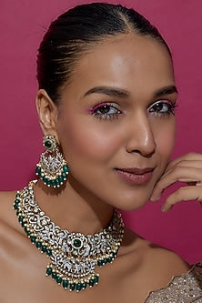 Black Rhodium Finish Kundan Polki & Green Beaded Choker Necklace Set