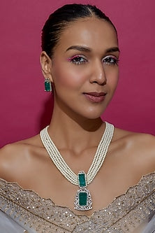 Black Rhodium Finish Kundan Polk & Pearl Long Necklace Set