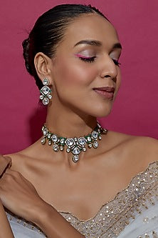 Black Rhodium Finish Kundan Polki Choker Necklace Set