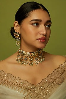 Gold Finish Kundan Polki & Multi-Colored Stone Choker Necklace Set