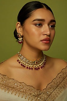 Gold Finish Kundan Polki & Red Beaded Choker Necklace Set