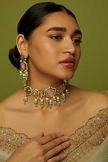 Gold Finish Kundan Polki & Green Beaded Choker Necklace Set