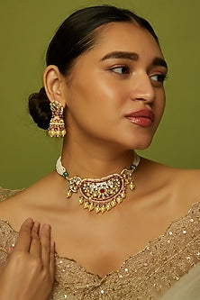 Gold Finish Kundan Polki & Red Stone Choker Necklace Set