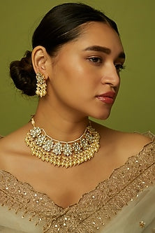 Gold Finish Kundan Polki & Pearl Choker Necklace Set