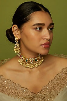Gold Finish Kundan Polki & Multi-Colored Stone Choker Necklace Set