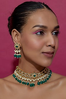 Gold Finish Kundan Polki & Green Beaded Choker Necklace Set