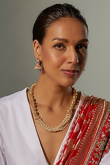 Gold Finish Multi-Colored Stone & Kundan Polki Temple Mala Set