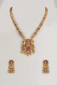 Gold Finish Multi-Colored Stone & Kundan Polki Temple Long Necklace Set