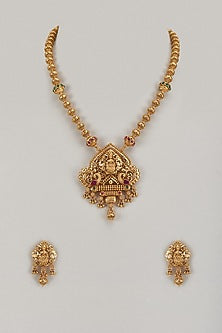 Gold Finish Multi-Colored Stone & Kundan Polki Temple Long Necklace Set