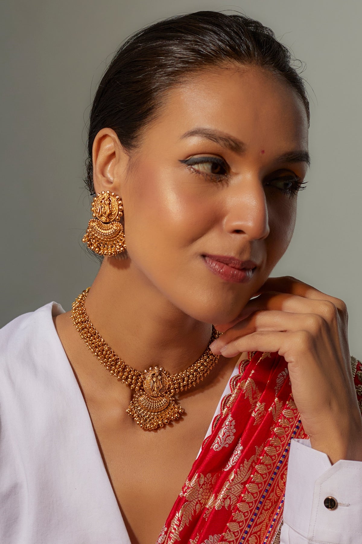 Gold Finish Kundan Polki Temple Necklace Set
