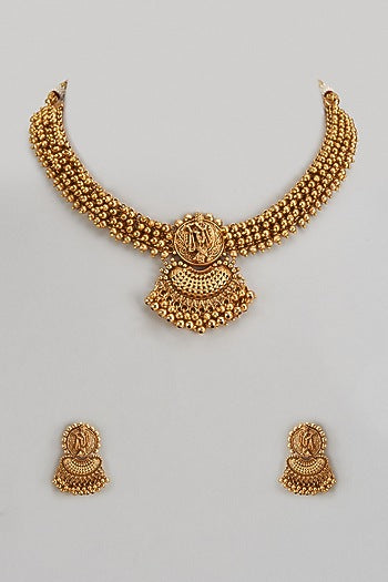 Gold Finish Kundan Polki Temple Necklace Set