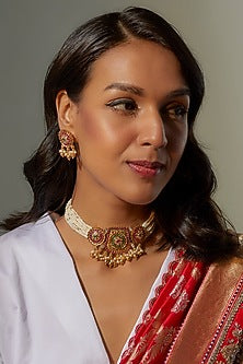 Gold Finish Multi-Colored Stone & Kundan Polki Temple Choker Necklace Set