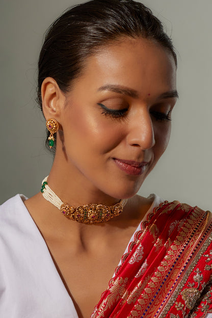 Gold Finish Multi-Colored Stone & Kundan Polki Temple Choker Necklace Set