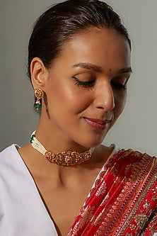 Gold Finish Multi-Colored Stone & Kundan Polki Temple Choker Necklace Set