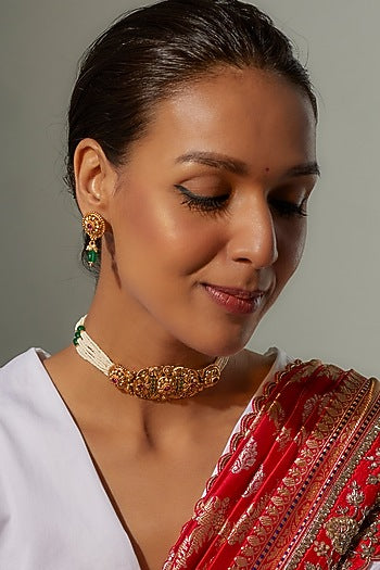 Gold Finish Multi-Colored Stone & Kundan Polki Temple Choker Necklace Set
