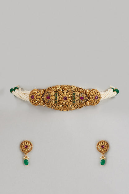 Gold Finish Multi-Colored Stone & Kundan Polki Temple Choker Necklace Set