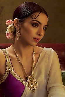Gold Finish Multi-Colored Stone & Kundan Polki Temple Long Necklace Set