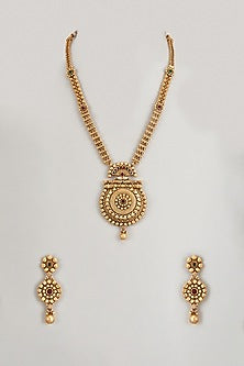 Gold Finish Multi-Colored Stone & Kundan Polki Temple Long Necklace Set
