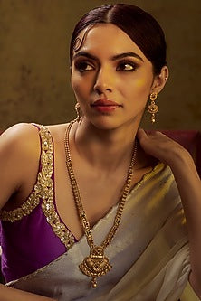 Gold Finish Multi-Colored Stone & Kundan Polki Temple Long Necklace Set