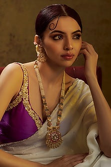 Gold Finish Multi-Colored Stone & Kundan Polki Temple Long Necklace Set