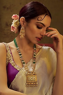 Gold Finish Multi-Colored Stone & Kundan Polki Temple Long Necklace Set