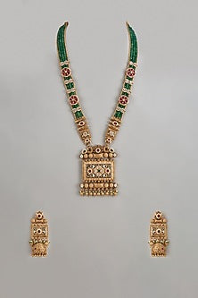 Gold Finish Multi-Colored Stone & Kundan Polki Temple Long Necklace Set