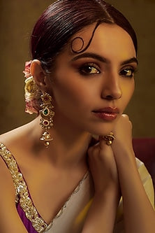 Gold Finish Kundan Polki & Multi-Colored Stone Temple Dangler Earrings