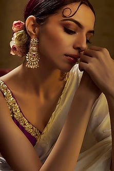 Gold Finish Kundan Polki & Multi-Colored Stone Temple Dangler Earrings