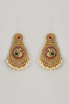 Gold Finish Kundan Polki & Multi-Colored Stone Temple Dangler Earrings