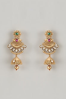 Gold Finish Kundan Polki & Multi-Colored Stone Temple Dangler Earrings